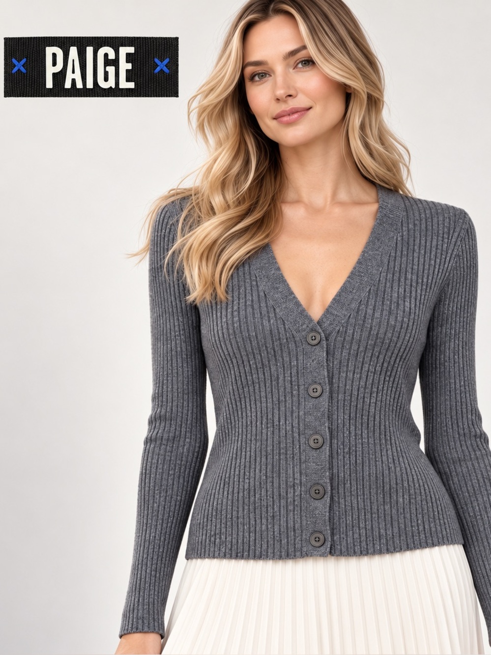🌸PAIGE Gray Ribbed Button-Front V-Neck Sweater size S Wool Blend Preppy Academia